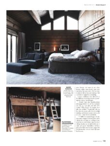 En sida från ett magasin med bilder och text som visar och beskriver master bedroom och platsbyggda våningssängar i gästrum.