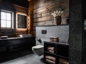 Timrat badrum med stengolv och vägghängd WC